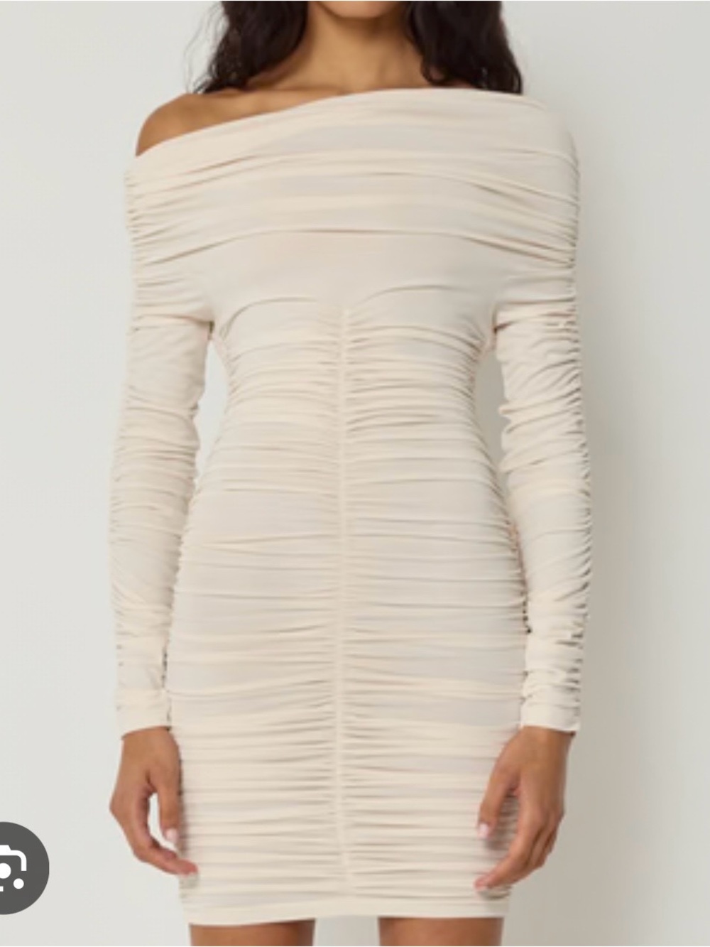 Off-Shoulder Ruched Mini Dress in Cream - Picture 2 of 2